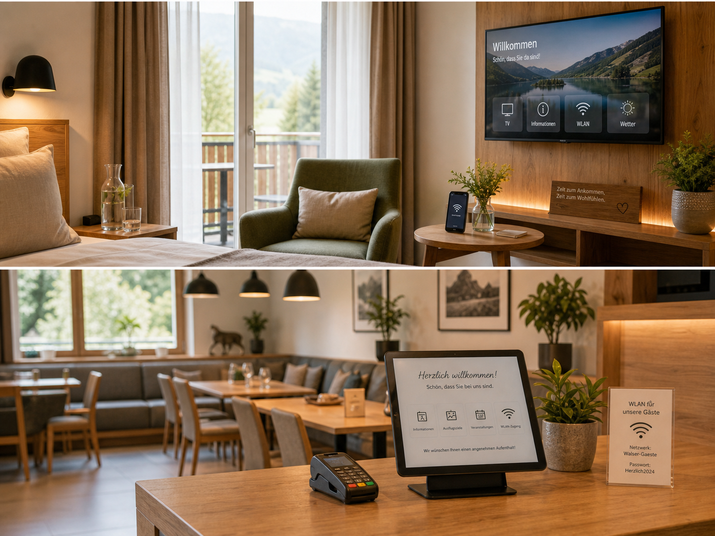 Unterkunftsszene mit WLAN-Hinweisen und digitalen Kontaktpunkten für Gäste