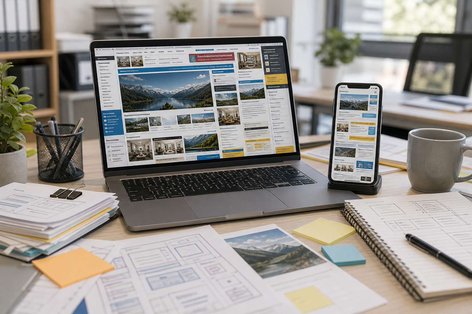 Realistisches Kategoriebild für typische Website-Probleme mit unübersichtlicher Desktop- und mobiler Ansicht
