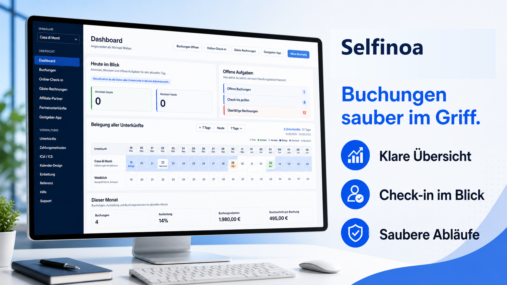 Selfinoa Projektansicht mit Dashboard, Suchleiste und Mini-Kalender